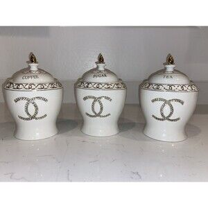 Luxury Coffee Sugar Tea Canister Set Ceramic with Gold Trim & Rhinestone Accent